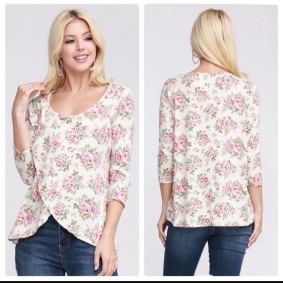 Doubleju Ivory 3/4 Sleeve Floral Blouse M NWT - Picture 1 of 5